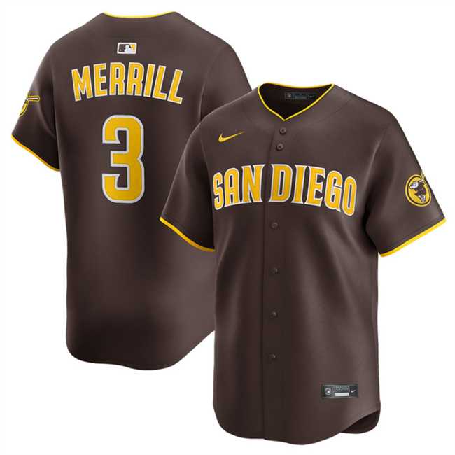 Mens San Diego Padres #3 Jackson Merrill Brown 2024 Away Limited Stitched Jersey Dzhi